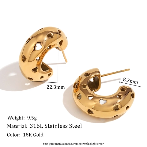 Orecchini a Cerchio a Forma di C con Cuore Traforato in Acciaio Inossidabile Geometrici Placcati Oro Argento Gioielli