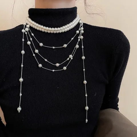 French Retro Multi Layer Imitation Artificial Pearl Necklace Elegant Tassel Fringe Long Chain Choker Luxury Jewelry Women