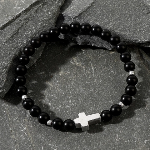 Matte Black Agate Beaded Bracelet With Silver Alloy Cross Pendant Gothic Minimalist Elastic Jewelry For Men