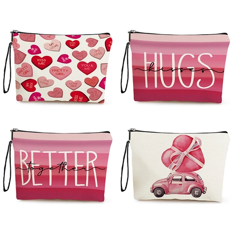 Kosmetiktasche Imitat Leinen Make-Up Beutel Herz Druck Valentinstag Thema Reißverschluss Kulturbeutel Organizer Mit Handschlaufe Für Frauen