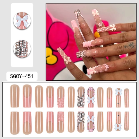 Press On Nägel Lang Sarg Handgefertigt Rosa Farbverlauf Mit 3D Weißer Schleife Und Blumen Strass Design Für Damen