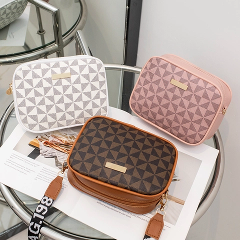 Women Crossbody Bag Geometric Triangle Print Camera Style Wide Letter Strap PVC Synthetic Leather Urban Casual Bag