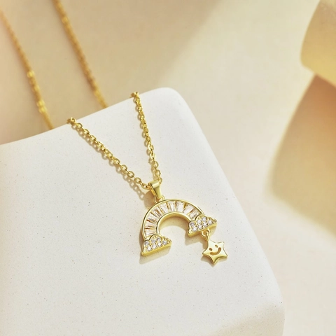 S925 Sterlingsilber Regenbogen Stern Anhänger Halskette Für Damen Zirkonia Eingelegt Süß Smiley Wolke Choker Mode Schmuck