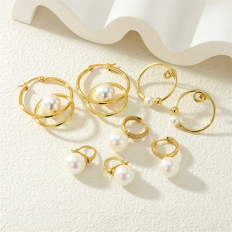 French Vintage Artificial Pearl Hoop Earrings With Micro Pave Zircon Curly Geometric Copper 18K Gold Plated Jewelry For Women