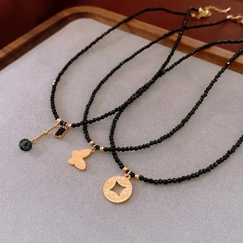 Black Faceted Crystal Beaded Necklace With 18K Gold Plated Copper Butterfly Heart Pendant For Women Vintage Jewelry