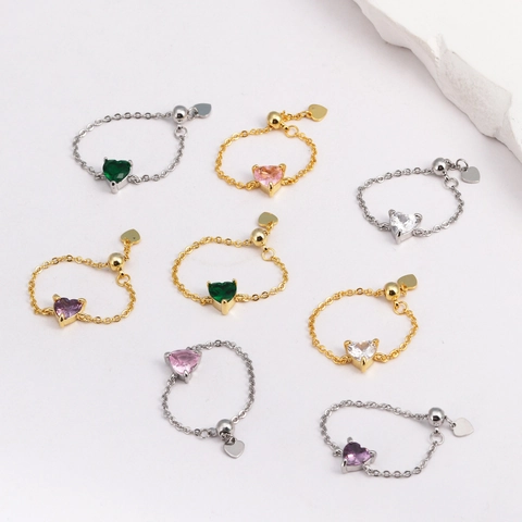 Luxus 18K Gold Vergoldet Messing Herzförmig Zirkonia Verstellbar Kettenring Für Damen Chic Mode Pendeln Fingerschmuck