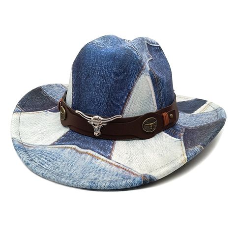 Cappello Da Cowboy Western Vintage Patchwork Denim Fedora A Tesa Larga Con Fascia In Pelle E Decorazione Testa Di Toro