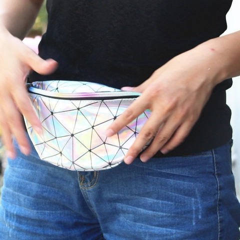 Marsupio Geometrico Olografico Laser In Pelle PU Donna Moda Tracolla Regolabile Borsa Da Petto Borsa A Tracolla Riflettente