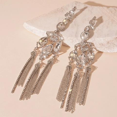 Alloy Rhinestone Long Tassel Earrings With 925 Sterling Silver Earring Post Oversized Teardrop Geometric Jewelry Women