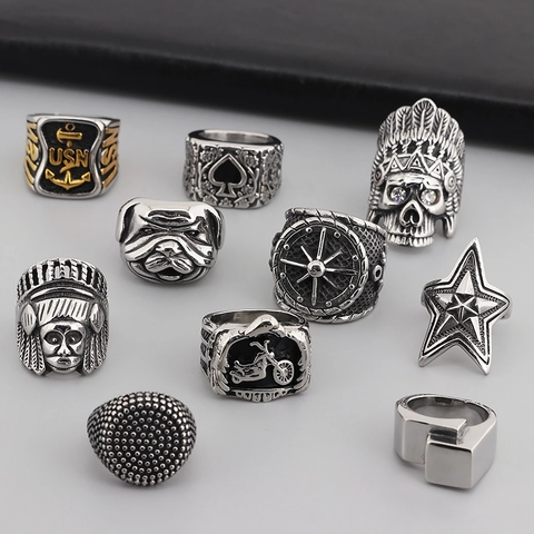 Retro Punk Men Rings Stainless Steel Indian Chief Skull Star Anchor Spade Biker Hip Hop Jewelry Vintage Signet Ring