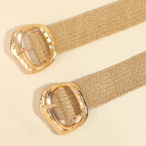 Vintage Damen Elastischer Webgürtel Breit Geometrische Goldene Legierungsschnalle Böhmischer Stil Stroh Wespentaille Für Kleid
