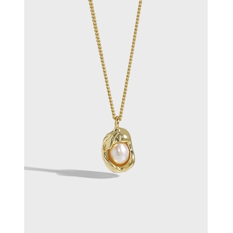 Irregular Lava Metal Wrapped Artificial Pearl Pendant Necklace 925 Sterling Silver Organic Design Minimalist Jewelry For Women