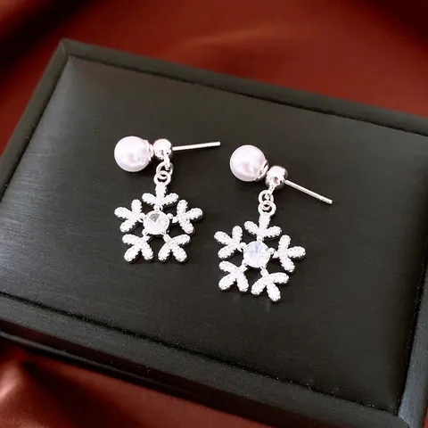 Pendientes Colgantes De Copo De Nieve Con Poste De Plata De Ley 925 Circonita Perla Artificial Blanca Joyería De Invierno Para Mujer