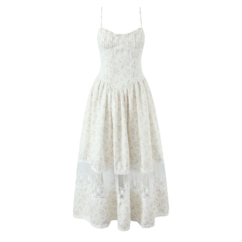 Französisches Vintage Blumen Maxikleid Spitze Patchwork Korsett Oberteil Spaghettiträger Hohe Taille Sommerkleid