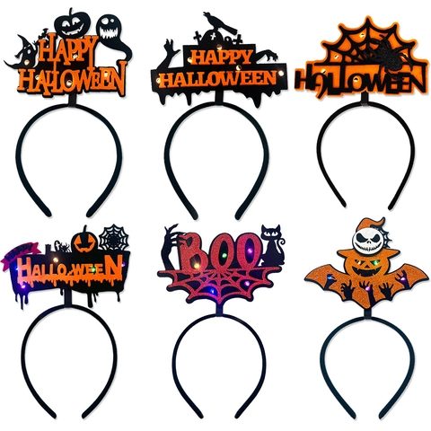 Diademas De Halloween Con Luces LED Fantasma Murciélago Calabaza Plástico Fieltro Decoraciones De Fiesta De Miedo Tocado