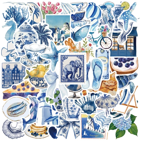 Adesivi Estetici Blu Acquerello Stile Mediterraneo Impermeabili per Laptop Valigie Scrapbooking Diari Decorazione Cancelleria