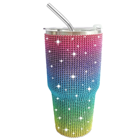 Bling Rhinestone Stainless Steel Vacuum Insulated Tumbler With Straw Car Coffee Travel Mug Leopard Print Thermos Flask Cup