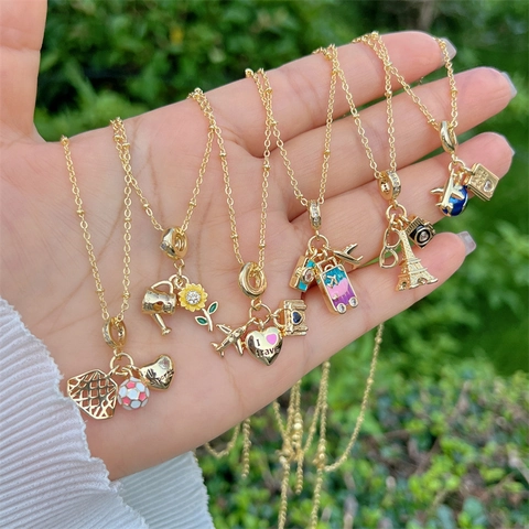 Koperen Hanger Ketting Met Zirkonia Emaille Reisbedeltjes Vliegtuig Camera Globe Koffer Sieraden