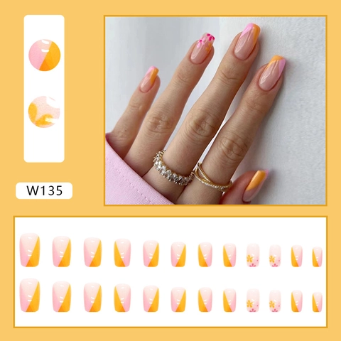 Unghie a Pressione ABS Quadrate Tonde Blocchi Colore Arancione Rosa Motivi Floreali Unghie Finte Lucide Moda