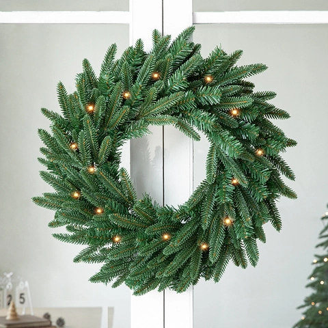 Christmas Wreath Artificial PE PVC Pine Needle Flocked Snow LED Warm Light Front Door Wall Hanging Home Decor Glowing Holiday Ornament