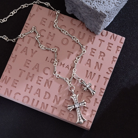 Collier Pendentif Double Croix Cuivre Zircon Vintage Style Hip Hop Punk Bijoux De Mode Pour Femmes Argent Vintage