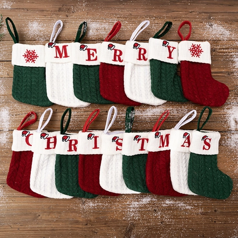 Knitted Polyester Christmas Stocking With Embroidered Initial Letter Red White Xmas Tree Hanging Ornament Holiday Home Decor