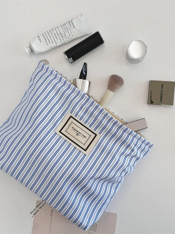 Borsa Per Cosmetici In Tela A Righe Grande Capacità Organizzatore Trucco Viaggio Pochette Da Toilette Portatile