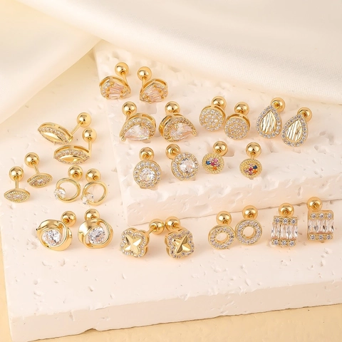 Boucles D'oreilles Puces En Cuivre Et Zircon Plqué Or Géométrique Fermoir À Vis Cartilage Mode Femme
