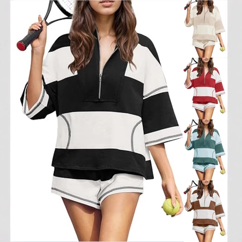 Women Striped Half Zip Pullover Top And Shorts Polyester Spandex Sporty Casual Tennis Running Athleisure Outfit