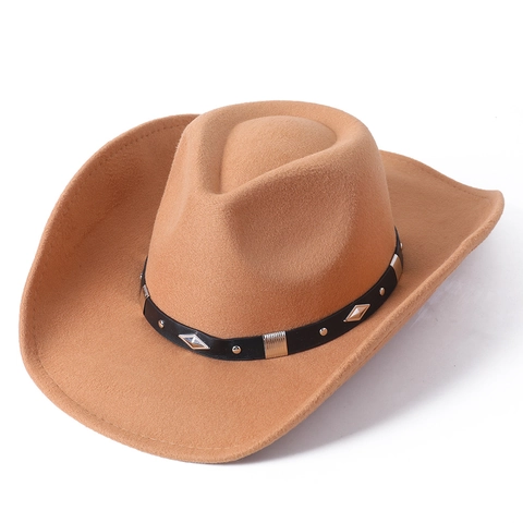 Chapeau De Cow-Boy Western À Bord Large Feutre Fedora Avec Ceinture Décorative À Rivets Diamant Mode Vintage