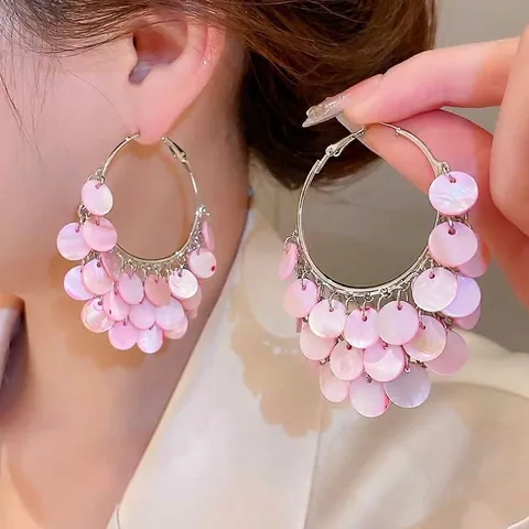 Pendientes Aro Flecos Capas Concha Rosa Con Poste Plata Cobre Geométrico Bohemio Joyería Vacaciones Para Mujer
