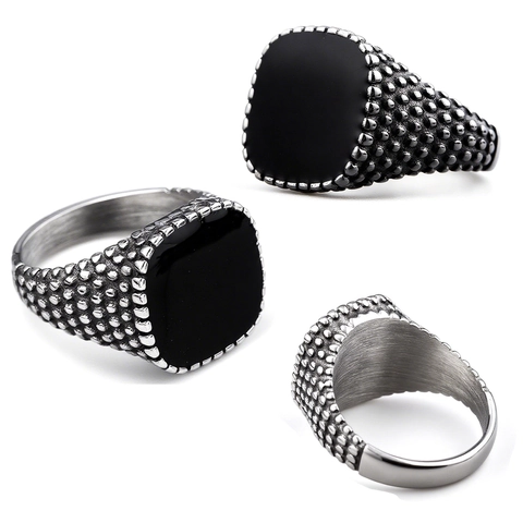 Men Vintage Signet Ring Stainless Steel Square Black Enamel Nordic Punk Dotted Texture Domineering Biker Jewelry