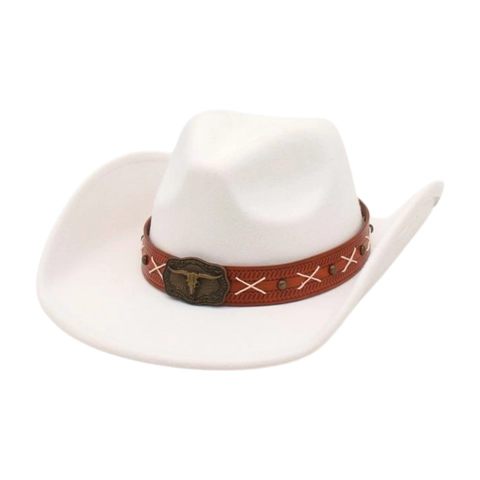 Western Cowboy Hat Wool Felt Fedora With Bull Head Metal Buckle Leather Band Ethnic Style Men Women