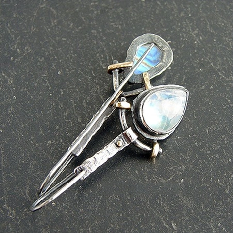 Vintage Water Drop Moonstone Earrings Antique Silver Alloy Asymmetric Bohemian Style For Women