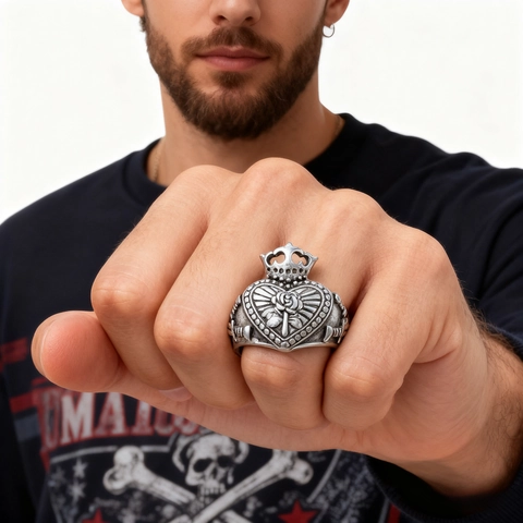 Anello In Acciaio Inossidabile Gotico Vintage Cuore Corona Rosa Fiore Rilievo Gioielli Stile Punk Uomini Donne
