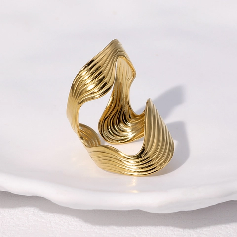 Anillo Abierto De Ola Irregular De Acero Inoxidable Diseño Fluido Ancho Ajustable Para Mujer Joyería Moderna