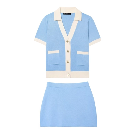 Cárdigan De Punto De Manga Corta Con Cuello En V Para Mujer Y Minifalda Color Block Azul Claro Blanco Roto Estilo Preppy