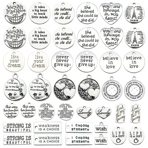 Dijes Inspiradores Con Citas Aleación De Zinc Plata Antigua Para Creación De Joyas Pulsera Collar Corazón Redondo Mix