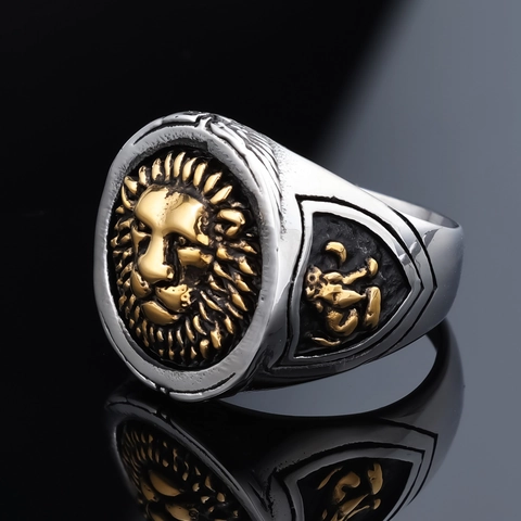 Anillo Sigillo Testa Di Leone Per Uomo Acciaio Inossidabile 316L Due Toni Rilievo Punk Rock Gioielli Vintage