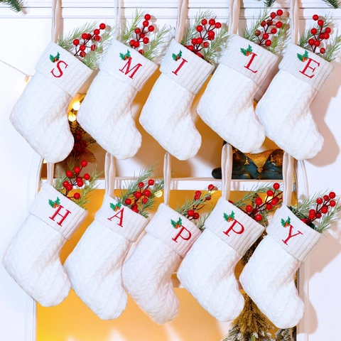 Christmas Stocking White Cable Knitted Red Embroidered Letter Ornament Holiday Home Decor Hanging Gift