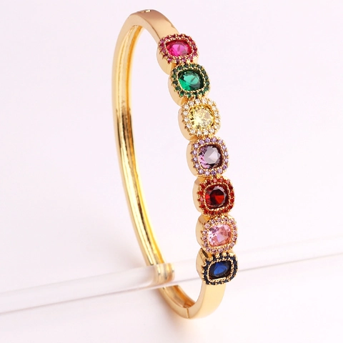 Brazalete Zirconia Cuadrada Arcoíris Chapado En Oro 18K Latón Micro Inset Pulsera Piedras Preciosas De Colores Mujer