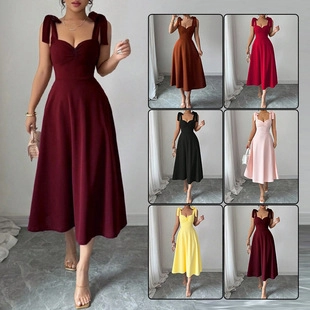 Vestido Midi Elegante de Poliéster Elastano Color Sólido Escote Corazón Fruncido Con Tirantes de Lazo Sin Mangas Línea A Banquete