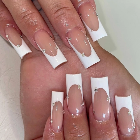 French White Tip Press On Nails Long Coffin Künstliche Nägel Strass Maniküre Für Frauen Gelee Kleber Und Nagelfeile