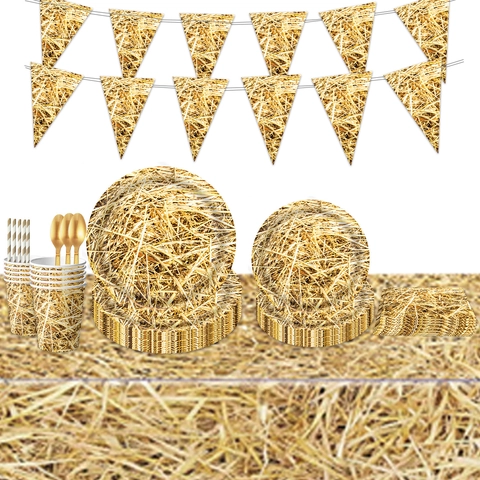 Farm Theme Party Tableware Haystack Print Paper Plates Cups Napkins Tablecloth Banner Gold Plastic Cutlery Picnic Supplies