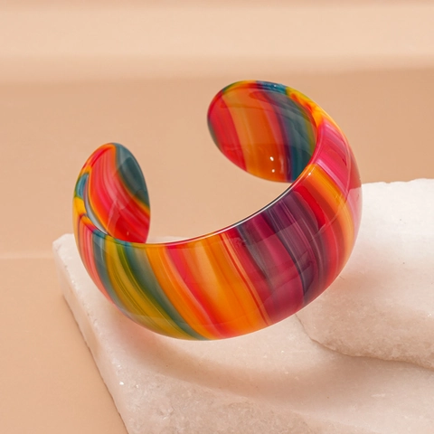 Vintage Wide Band Open Cuff Bangle Acetate Resin Colorful Stripe Tortoiseshell Marble Pattern Geometric Jewelry For Women