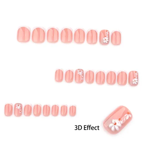 Korte Vierkante Kunstnagels Witte French Tip 3D Madeliefje Roze Glanzende Plaknagels Voor Dames