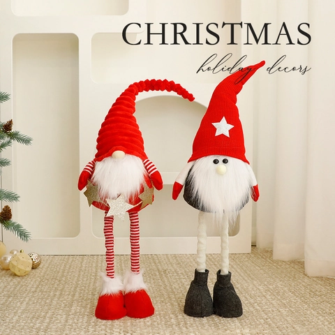 Christmas Gnome Ornaments Plush Knitted Reindeer Antler Tomte Telescopic Legs Holiday Home Decoration Adjustable Height Doll