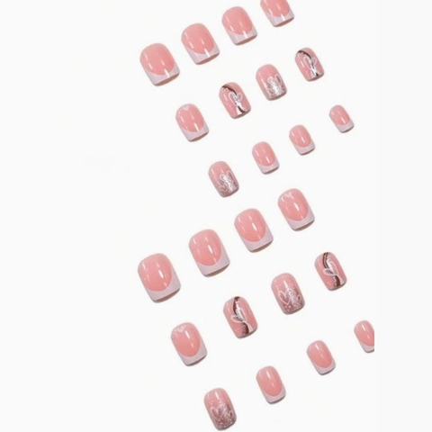 Press On Nails ABS Plastic Short Square White French Tips Heart Patterns Glitter Valentine Style