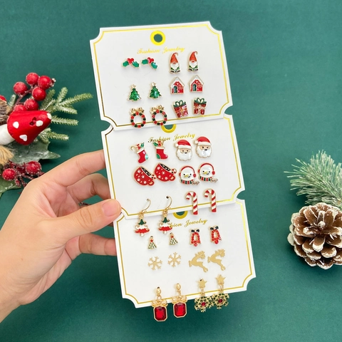 Christmas Stud Earrings Alloy Oil Drop Santa Snowman Reindeer Snowflake Novelty Holiday Festive Jewelry Women