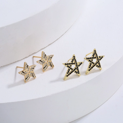 Pentagram Oorknopjes Voor Dames Koper 18K Verguld Geometrisch Stervorm Zirkoon Ingelegd Zwart Email INS Stijl
